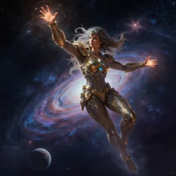celestial being harnessing space, concept art, digital painting, trending on artstation, deviantart, epic composition, extremely detailed, ambient lighting, masterpiece, sharp focus, octane render