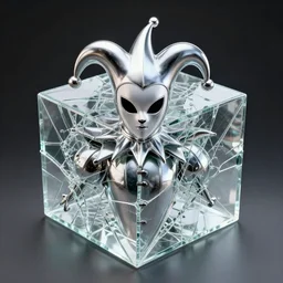 front shot of a court jester character ominous intricate fractal hyper cubes platinum cracked glass dark future polished metallic holography crystal shard lit edges poly extraordinary detailed robotic concept artstation sharp focus ray tracing cinematic masterpiece fine portrait