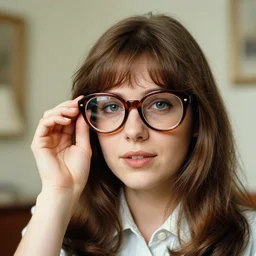 female nerd with big eye-glasses, realistic photo from 1970