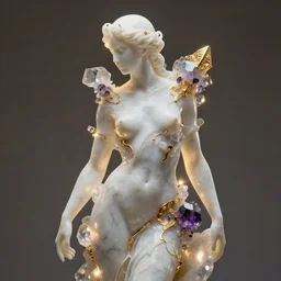 abstract female sculpture made of white marble and amethyst crystals quartz, ethereal lights, fine details, artstation, film still, rim light, cinematic photoshooting, luxury, golden filigree, octane render, hypperrealistic painting, liquid acrylic art,