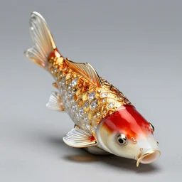 detailed jewel figurine depicting a koi carp, made by faberge. macro photography.