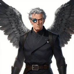 character art by marvel, an old man with grey hair and large grey wings on his back, wearing a monocle