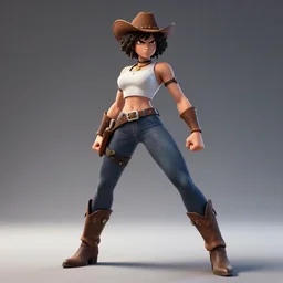 an angry female cowboy character, wide angle lens, full body dynamic profile, dramatic lighting, afro samurai anime style, holding a whip, old family ranch in the background, greg rutkowski and alphonse mucha, vogue cover, magazine cover