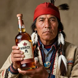 A Native American looking at the camera while holding bottle of whiskey, hyper realistic, super detailed, 4k, HDR