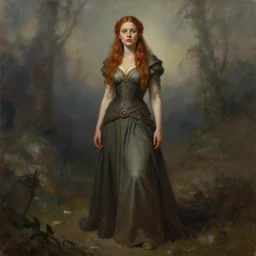 a full body high detail fantasy portrait oil painting illustration of young heather graham as a beautiful sophisticated singing bard woman by justin sweet with face and body clearly visible, in a scenic background, pupils visible, realistic proportions, d & d, rpg, forgotten realms, artstation trending, high quality, sombre mood, artstation trending, muted colours, entire person visible!