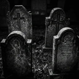 A close up shot of four graves. Dark Fantasy, Film Noir, Black and White. High Contrast, Mike Mignola, D&D, OSR