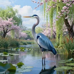 a majestic blue heron in shallow river, willow trees, cherry blosom trees, lily pads, bullrushes, marsh, clouds, volumetric lighting, intricate, luminescent matte painting, highly detailed, artstation