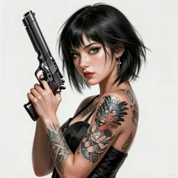 portrait of a tattooed yakuza girl holding a gun, intricate, elegant, highly detailed, digital painting, artstation, concept art, smooth, sharp focus, illustration, art by artgerm and greg rutkowski and alphonse mucha and william - adolphe bouguereau