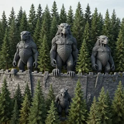 a beautiful hyperrealistic detailed 3 d render colossal grey forest creatures guarding a wall of infinite pine trees, by anton otto fischer, atey ghailan, by goya, unreal engine, octane render, epic, 3 d, intricate, ultra wide, artstation, volumetric lighting, hdr, polished, micro details, ray tracing, 8 k