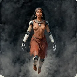 beautiful futuristic himba woman wearing otjize, robotic arms, weightless in space, hyperrealistic, scifi, concept art, watercolor, portrait, dark, muted colors