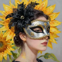 masquerade ball mask, korean audrey hepburn, vogue magazine, elle magazine, greg rutkowski, john singer sargent, trending on artstation, anime, oil painting, side profile portrait, looking right, sunflower, intricate