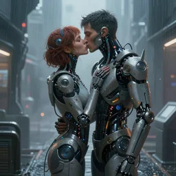 ultra realistic medium shot of a couple of cyborgs kissing, lovers, cyberpunk, sci - fi, kodak, colour led, soft light, volumetric lighting, fog, rays, night, rain, station, intricate detailed, digital painting, concept art, smooth, sharp focus, illustration, art by artgerm and greg rutkowski and alphonse mucha