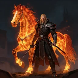 Strahd Van Zarovich standing beside flamming horse, digital art