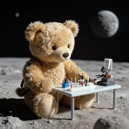 teddy bears working on new AI research on the moon in the 1980s