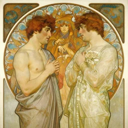 2 attracting male, painting by gaston bussiere, craig mullins, greg rutkowski, alphonse mucha