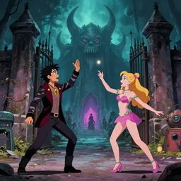 Adan and Eve throwing a rave party outside the gates of hell