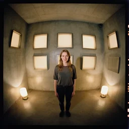 kodak portra 4 0 0, wetplate, 8 mm extreme fisheye, no people, award - winning portrait by britt marling in a 1 9 9 0 s room, concrete, square square picture frames, shining lamps
