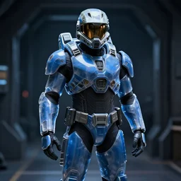 master chief 1 1 7 with translucent blue armor standing in a dark corridor, photorealistic, dof, depth of field, artstation, digital art, realism, cinematic lighting artgerm, greg rutkowski, tsuyoshi nagano, alphonse mucha