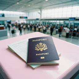 high fidelity film photograph depicting passport control at an unknown alien airport, travel documents, crowds, personal items. iridescent hard surface. pastel pink perspex. three point light. soft focus.