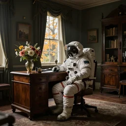 a cosmonaut in a spacesuit sits at an old wooden desk with a flower vase, in a richly decorated Victorian house. the autumn light comes in through a window and dimly illuminates the room, diffuse light, octane render