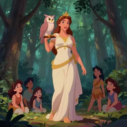 full body shot of the goddess athena with owl on shoulder, pine forest, cel shaded vector art, toon shading, behance, hd by lois van baarle, helen huang, by makoto shinkai and ilya kuvshinov, rossdraws, disney princess, disney animation still