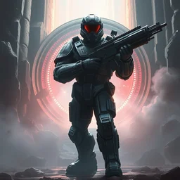 an heavy armor - plated soldier carrying a plasma rifle, standing in front of a portal to another dimension, art by emmanuel shiu