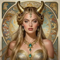 Margot Robbie as a Viking Goddess, cute, fantasy, intricate, elegant, highly detailed, digital painting, 4k, HDR, concept art, detailed jewelry, smooth, sharp focus, head and waist potrait, art by Artgerm and H R Giger and Greg Rutkowski and Alphonse Mucha