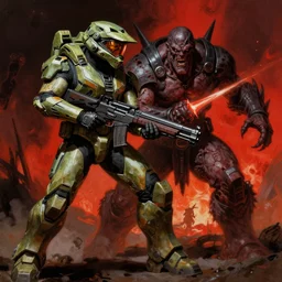 Master Chief from Halo fighting Doom Guy from Doom in hell art in the style of Frank Frazetta