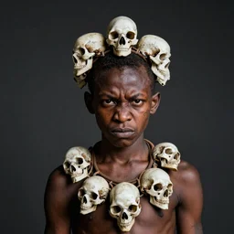 portrait of an african head hunter, 4 0 yo with a necklace of skulls, angry look, small tattoos, dark background, studio light, hdr, nikon 3 5 mm f / 1. 8 g, by sebastiao salgado
