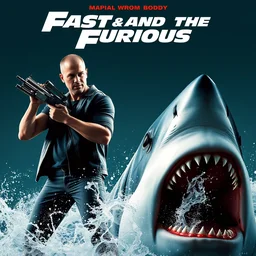 movie poster fast and the furious with titles, paul walker, machine gun, fast and furious film, giant great white sharks teeth water splash,