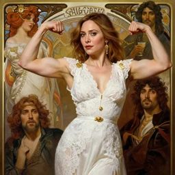 elizabeth olsen, flexing large muscles, white lace clothing, gold accessories, elegant, highly detailed, digital painting, matte, sharp focus, art by artgerm, greg rutkowski, alphonse mucha, frank frzetta, boris vallejo, bouguereau, beksinski, cinematic