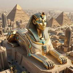 an aerial scene of the beautiful intricate epic futuristic cybernetic sphinx in a cyberpunk pharaoh city, floating pyramids in the background, hyper detailed, cinematic lighting