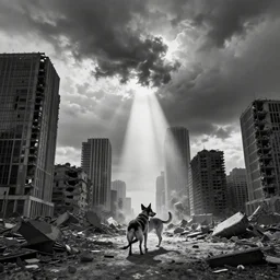 god rays illuminating a dog in a destroyed modern city, nuclear explosion in background!!, wide angle, award winning, cloudy sky, sharp focus, black and white, skyscraper, nuclear fallout