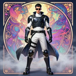 coherent beautiful intricate symmetry detailed full body and face character design of realistic alt art androgynous agent slick black hair, white shirt kevlar tactical bulletproof armor jacket sunglasses heroic pose smoky neon background artgerm greg rutkowski alphonse mucha trending