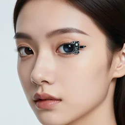 photo of young woman, close up, with a cyberpunk camera implant on right eye with led lights, robotic implants over face with small led lights, white background, fine art photography in the style of Bill Henson