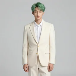 digital art young man with green hair wearing a cream suit standing before a lake in autumn in a forest, digital art, golden light by Greg Rutkowski by wlop
