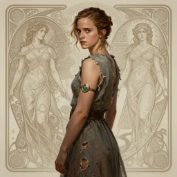 clear portrait of emma watson, somber appearance, ripped clothing, looking her shoulder, wearing the ring of sauron, background hyper detailed, character concept, full body, dynamic pose, intricate, elegant, highly detailed, digital painting, artstation, concept art, smooth, sharp focus, illustration, art by artgerm and greg rutkowski and alphonse mucha
