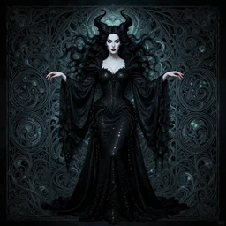 style of william morris : : gorgeous willa holland : : evil witch, swirling black magic, black dress : : symmetrical face, symmetrical eyes : : full body pose : : gorgeous black hair : : magic lighting, low spacial lighting : :