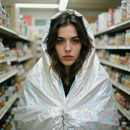 closeup portrait of a woman wrapped in an iridescent mylar foil blanket, standing in a grungy dirty grocery store, color photograph, by vincent desiderio, canon eos c 3 0 0, ƒ 1. 8, 3 5 mm, 8 k, medium - format print
