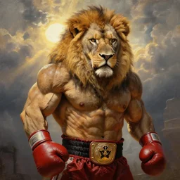 muscular oversized lion , the body is a hairy boxer champion with boxing gloves  , strong sun backlight sunrays  body , extreme very textured detailed portrait oil painting by rembrandt,   dramatic clouds and  atmosphere