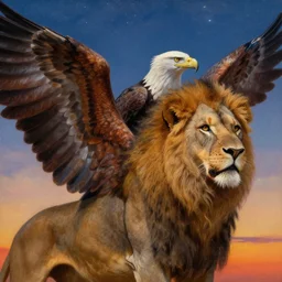 a realistic oil painting of a winged lion's body with an eagle!! head, at sunset with a sky full of stars, highly detailed, trending on artstation, by james gurney and michael whelan and krenz cushart and alphonse mucha