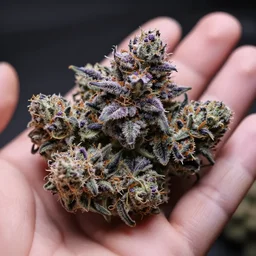closeup of hand holding purple frosty dense marijuana buds, cinematic, 4 k