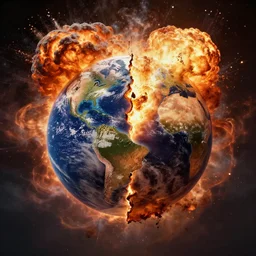 the earth is blown up by a big explosion and split in two, epic, high details, dramatic lighting, 8 k