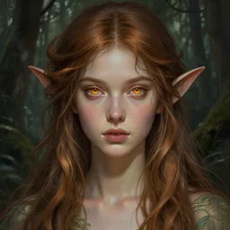 Forest nymph woman portrait, amber eyes, face, long hair, fantasy, intricate, elegant, highly detailed, digital painting, artstation, concept art, smooth, sharp focus, illustration, art by artgerm and greg rutkowski and alphonse mucha