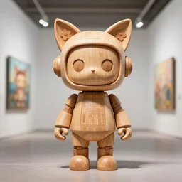 8 k octan, advertising, highly detailed, photo, a totally wooden figurine collectible art toys wooden on feet, very cute minimalist robot zen with and flowers cat ears, cyberpunk a contemporary art gallery, symetrical, masterpiece, nofinito, design, marvel