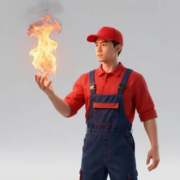 a man wearing a red shirt, red cap, throwing fire by the hand, professional photography studio, overalls, pic, photo, render
