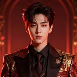jungkook jeon as a vampire. wearing intricate styled suit, semi realism, anime realism, korean symmetrical face, slim face, appealing, bright eyes, slightly larger nose, photorealism, uhd, amazing depth, glowing, golden ratio, sakimichan, greg rutowski, volumetric lighting, cinematic lighting, red orange lighting, artstation concept art