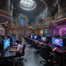1 9 5 0 s, atompunk, two boys playing game at a spacious gaming room with their hi - tech gaming setup, intricate, highly detailed, spacious, indoor, architecture, art by john berkey