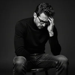 black and white, studio photograph of a male italian artist wearing glasses sitting on a stool wearing a turtleneck, anxiety and depression, intricate, elegant, highly detailed, hyper realistic, dark background, flickr, smooth, sharp focus, shot by canon