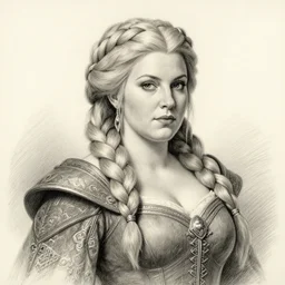 plump female dwarven noblewoman | complex blonde braided hairstyle | hyperdetailed | pencil sketch | thomas kinkade | waist-up portrait | dungeons and dragons |